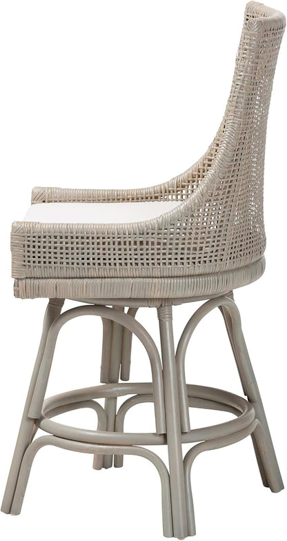 Bali & pari Bella Swivel Rattan Counter Stool with Cushion - Handwoven Wicker Kitchen Island Seating with Backrest and Footrest, French Grey