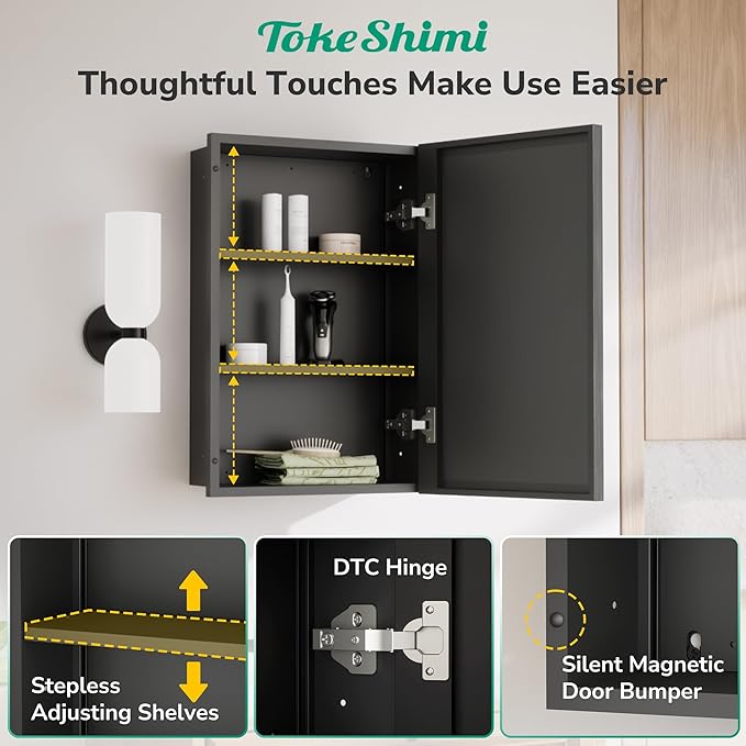 TokeShimi 40x30 Beveled Mirror with Storage Bathroom, Black Recessed Medicine Cabinet with Mirror Aluminum, Wall Mount Metal Recessed Medicine Cabinets for Bathroom