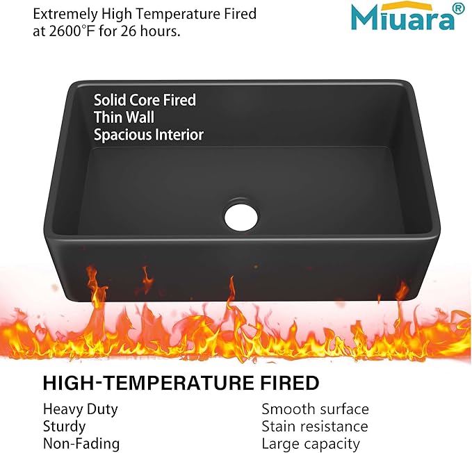 Miuara Black Farmhouse Sink 30 Inch - Apron Front Undermount Kitchen Sink Reversible 30"x18"x10", Farm House Style Single Bowl, Heavy Duty Solid Fireclay, Matte Black, for Kitchen