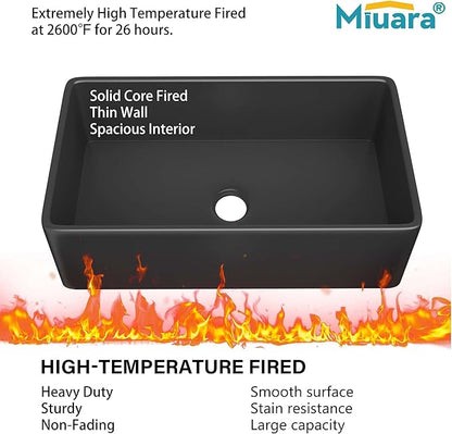 Miuara Black Farmhouse Sink 30 Inch - Apron Front Undermount Kitchen Sink Reversible 30"x18"x10", Farm House Style Single Bowl, Heavy Duty Solid Fireclay, Matte Black, for Kitchen