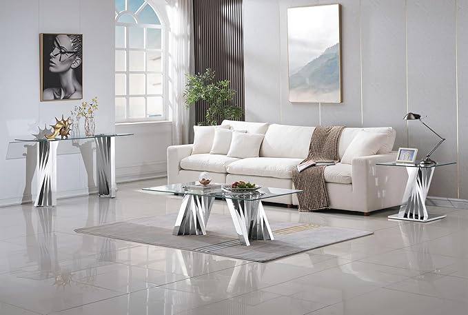 2 Piece Glass Coffee Table Set of 2 Modern Silver Living Room Table Set Include Coffee Table & Sofa Table,Tempered Glass Top with Stainless Steel Base for Home Office