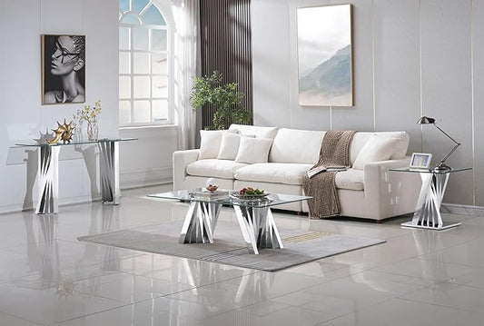 2 Piece Glass Coffee Table Set of 2 Modern Silver Living Room Table Set Include Coffee Table & Sofa Table,Tempered Glass Top with Stainless Steel Base for Home Office