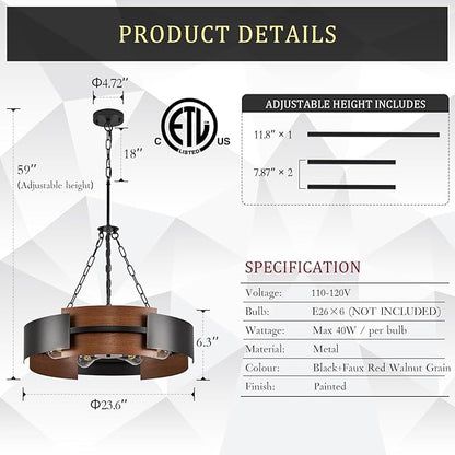 CATINER 24" Industrial Chandelier, Modern Hanging Fixture 6-Light Drum Pendant Light for Living Dining Room Foyer Entryway Kitchen, Black Metal with Red Walnut Grain Finish