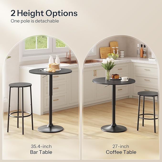 HOOBRO 2 Pcs Bar Table, Height-Adjustable Round Pub Table 27-35.4 Inches with Sturdy Base, Modern Style Bar Table Easy Assembly with Metal Base for Pub, Party and Small Places, Black BK58BTP201G1