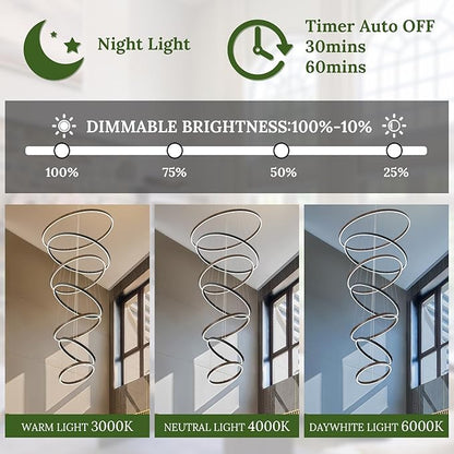 7 Ring LED Chandelier Black Walnut Wood Chandelier Large Dimmable Circular Chandeliers Light High Ceiling Round Chandeliers for Foyer Staircase Living Room 31in
