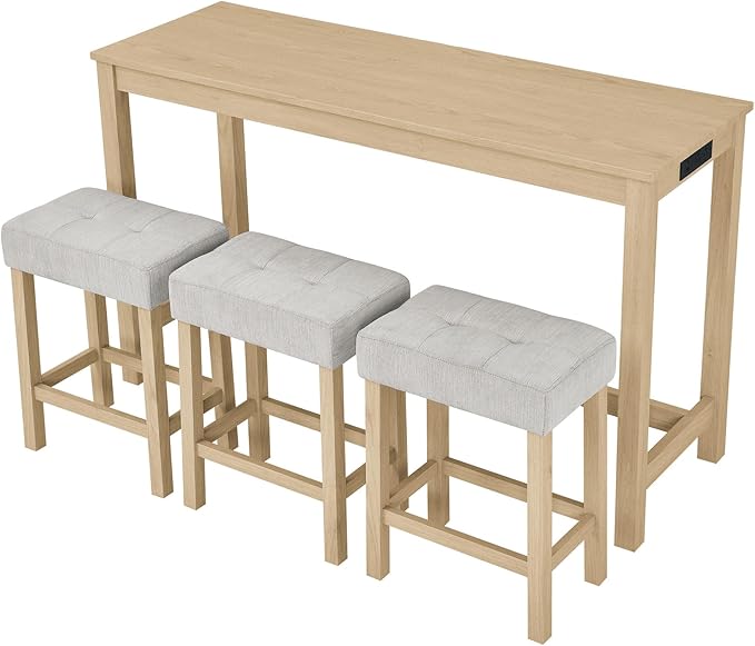 4-Piece Kitchen Island Counter-Table Set with Charging Station, Industrial 59" Dining Tables with 3 Stools, 59 Inch Farmhouse Bar Table Chairs w/USB & Type-C & Power Outlets,Light Oak
