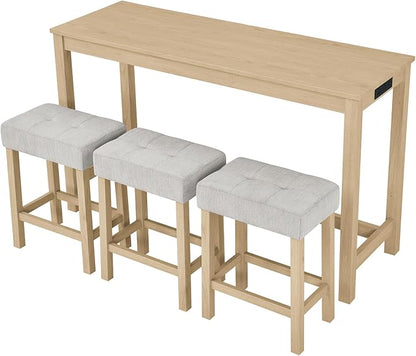 4-Piece Kitchen Island Counter-Table Set with Charging Station, Industrial 59" Dining Tables with 3 Stools, 59 Inch Farmhouse Bar Table Chairs w/USB & Type-C & Power Outlets,Light Oak