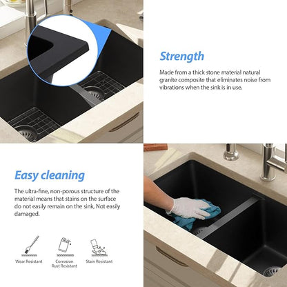 Lordear 31 Black Kitchen Sink Double Bowl Quartz Undermount Kitchen Sink Granite Composite Metallic Black Deep Double Bowl 50/50 Kitchen Sinks with Accessories