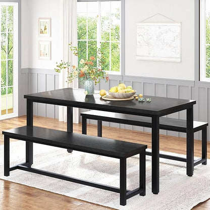 Recaceik 47” Dining Table Set for 4, 3-Piece Kitchen Table with 2 Benches, Wood Kitchen Table and Chair Set, Space-Saving Dining Room Set Dinette Set for Breakfast Nook and Small Space, Black