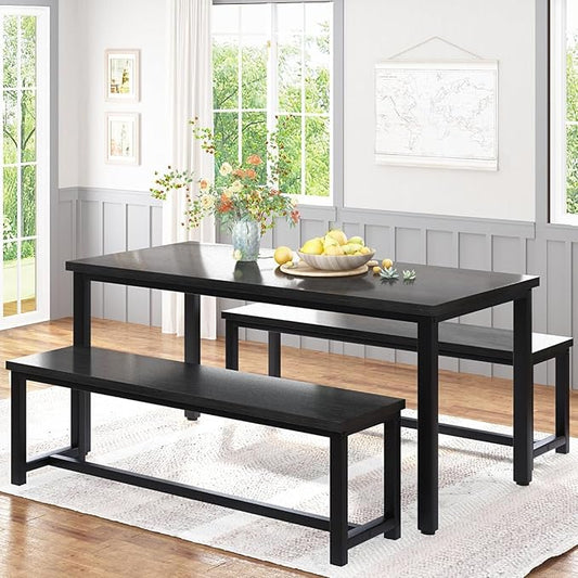 Recaceik 47” Dining Table Set for 4, 3-Piece Kitchen Table with 2 Benches, Wood Kitchen Table and Chair Set, Space-Saving Dining Room Set Dinette Set for Breakfast Nook and Small Space, Black