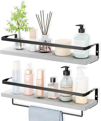 Bathroom Shelves with Towel Bar,Floating Shelves for Bathroom, Kitchen, Bedroom, Paulownia Wood, Matte Black Metal Frame - Set of 2 (White)