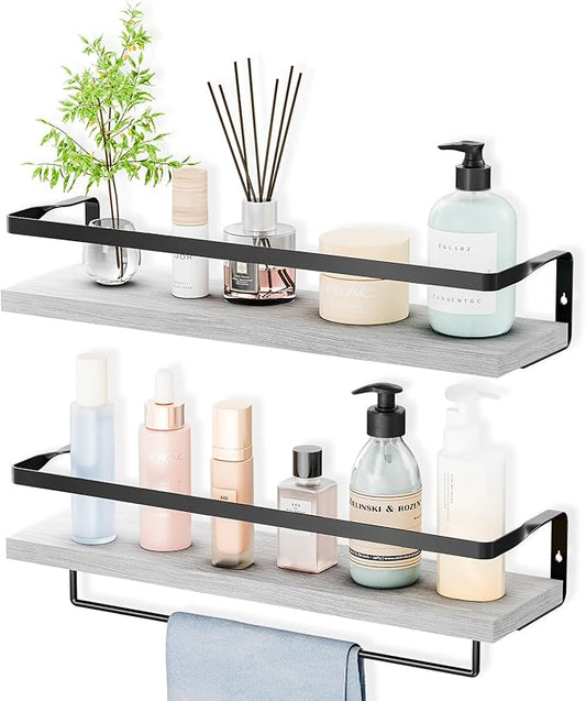 Bathroom Shelves with Towel Bar,Floating Shelves for Bathroom, Kitchen, Bedroom, Paulownia Wood, Matte Black Metal Frame - Set of 2 (White)