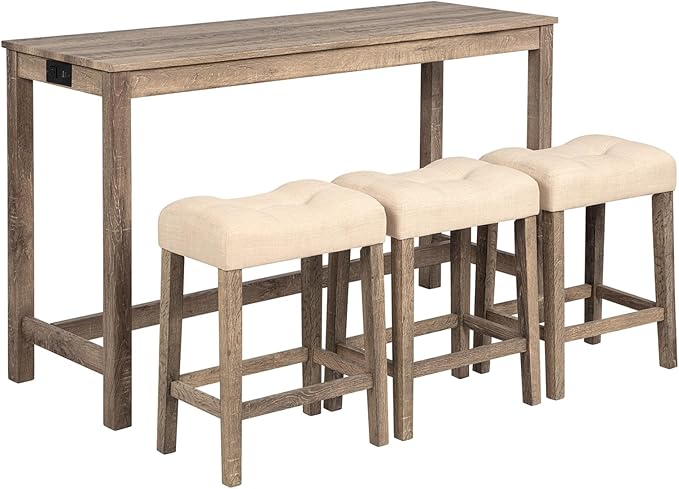 Knocbel Classic 3-Person Counter Height Bar Table Set with Power Outlet, 4-Piece Dinette Set with Padded Seat Stools, Apartment Condo Small Space Pub Bistro Dining Furniture (Brown, 59")