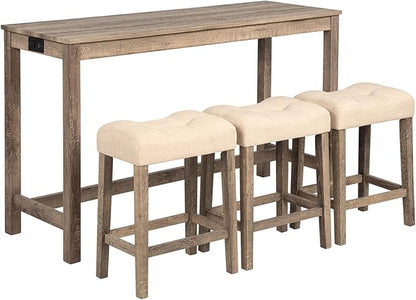 Knocbel Classic 3-Person Counter Height Bar Table Set with Power Outlet, 4-Piece Dinette Set with Padded Seat Stools, Apartment Condo Small Space Pub Bistro Dining Furniture (Brown, 59")