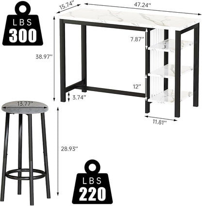 AWQM Bar Table Set with Storage Shelves, 47" Modern White Faux Marble Breakfast Table with 2 Velvet Stools, 3-Piece Dining Set for 2, Space Saving Table for Kitchen/Dining Room/Living Room/Studio