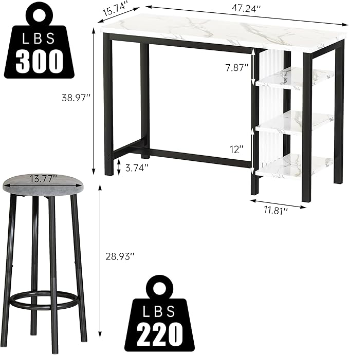 Lamerge Kitchen Furniture Bar Height Table and Chairs for 2 People, 4-Tier Compact Dining Room Table, White Faux Marble Top and 2 Grey Velvet Upholstered Seat, Modern Dining Set for Home/Studio/Office