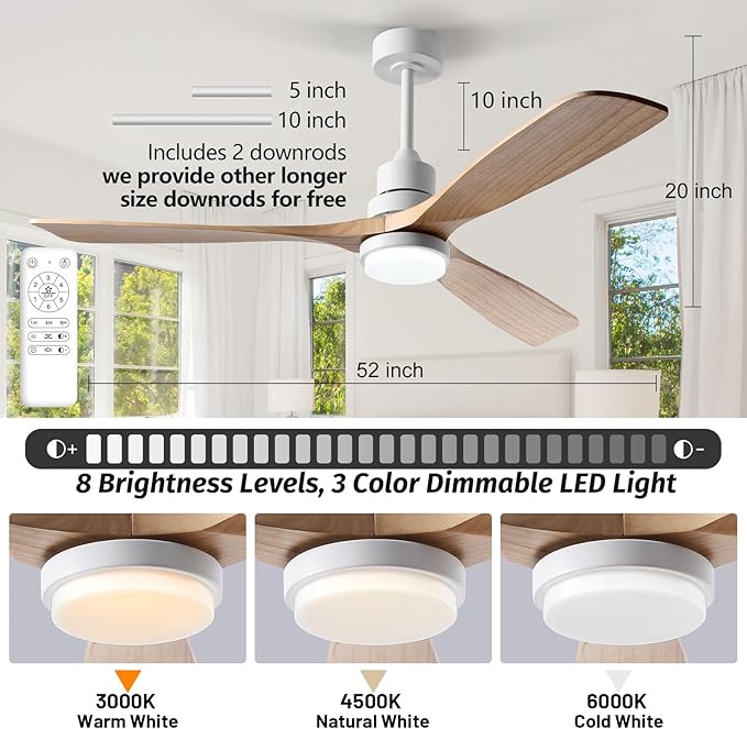 60 Inch Ceiling Fans with Lights and Remote, Quiet Reversible DC Motor and 3 Color Dimmable LED Light, 6 Speeds Wood Ceiling Fan for Farmhouse Living Room Bedroom Dining Room Workroom Study