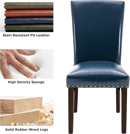 COLAMY Upholstered Parsons Dining Chairs Set of 2, PU Leather Dining Room Kitchen Side Chair with Nailhead Trim and Wood Legs - Blue
