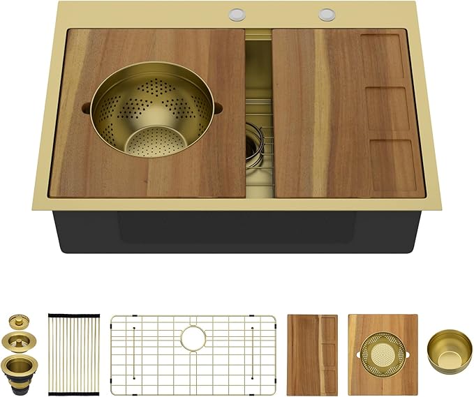 30 Gold Drop In Kitchen Sink - Workstation All-In One 16 Gauge Stainless Steel 30x22 Single Bowl Topmount Handmade Sinks for Kitchen with Mixing Board and Pasta Strainer #TLT-0070