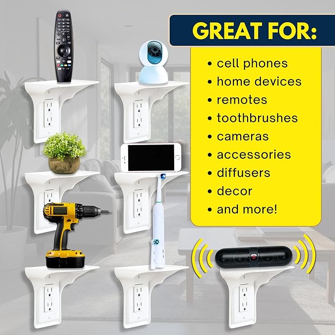 Power Perch Wall Outlet Shelf with Cord Storage Strap - Declutter & Reclaim Bathroom Counter Space - Alexa Stand, Apple Homepod Shelf, Toothbrush Holders Wall Mounted - White, 2-Pack