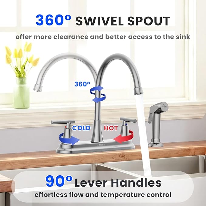 HURRAN 2-Handle Kitchen Faucet with Pull-Out Side Sprayer, 8 Inch High Arch Stainless Steel 360°Rotating Kitchen Sink Faucet, 4 Hole Faucet for Kitchen Bar Rv Camper, Nickel