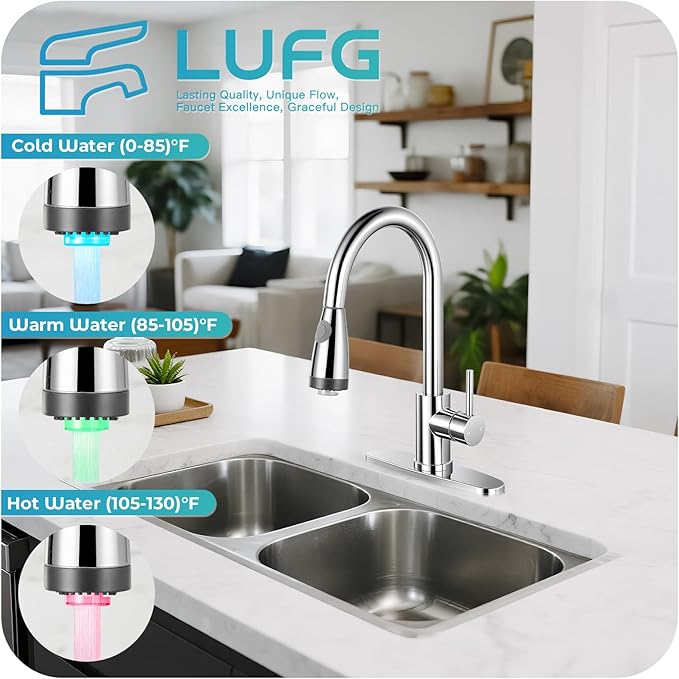 LED Kitchen Faucet with Pull Down Sprayer - Polished Chrome Single Handle Kitchen Faucets, High Arc Stainless Steel Pull Out Kitchen Sink Faucet with Deck for RV Laundry Farmhouse Bar