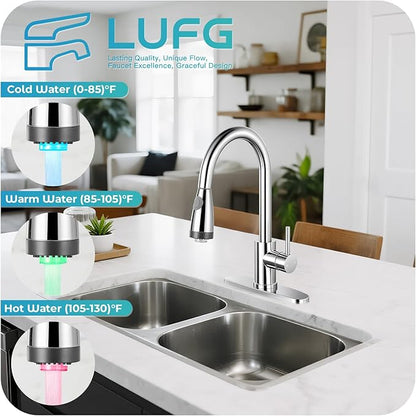 LED Kitchen Faucet with Pull Down Sprayer - Polished Chrome Single Handle Kitchen Faucets, High Arc Stainless Steel Pull Out Kitchen Sink Faucet with Deck for RV Laundry Farmhouse Bar