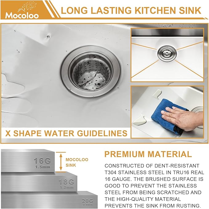 33 Inch Drop In Kitchen Sink - Mocoloo 33 x 19 Inch Stainless Steel Kitchen Sinks Topmount 16 Gauge Single Bowl Above Counter Handmade, 33''x19''x10'' Kitchen Sink Drop In with Offset Drainer