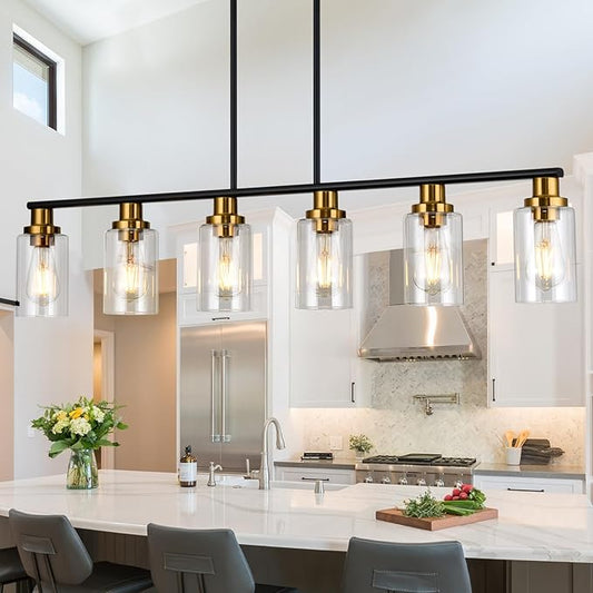 Island Light for Kitchen, 6-Light Farmhouse Dining Room Light Fixture with Clear Glass Shade, 44.3'' Matte Black and Gold Linear Chandelier Pendant Lighting for Dining Table Kitchen Living Room