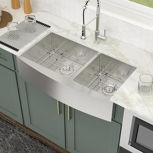 Logmey 36 Inch Double Bowl Farmhouse Kitchen Sink 36x20x9 Inch 60/40 Farm Apron Front Nano Coating Stainless Steel 16 Gauge Handmade Undermount Kitchen Sink