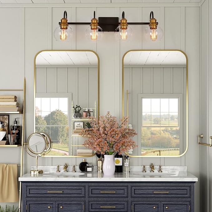 LALUZ Bathroom Vanity Light, 4-Light Black Bathroom Light Fixtures with Oil Rubbed Bronze Finish, Modern Farmhouse Vanity Lights with Clear Globe Glass Shade (L 29.5" x W 7" x H 9")
