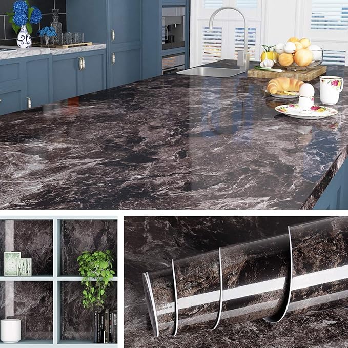 Livelynine 36 Inch Kitchen Countertop Contact Paper Waterproof Dark Marble Contact Paper for Countertops Peel and Stick Wallpaper Bathroom Counter Top Vinyl Wrap Laminate Desk Table Cover Removable