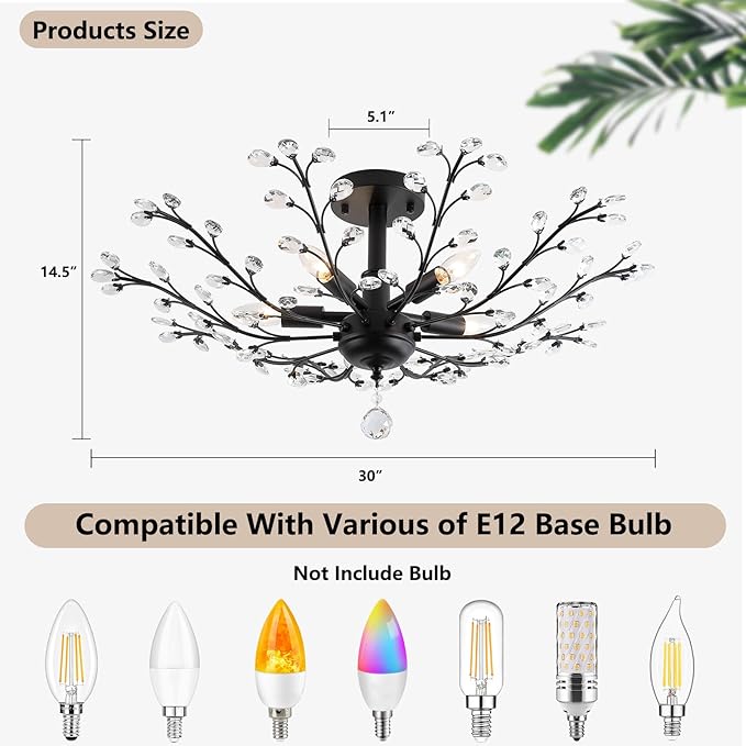 Modern 5 Light Small Crystal Chandelier 30 Inch Black Semi Flush Mount Ceiling Light Fixture for Kitchen Dining Room Bedroom Entryway Living Room Hallway, E12