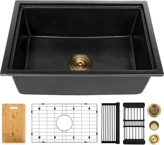 Black Undermount Kitchen Sink 25 Inch - Drop In Granite Quartz Composite Workstation Sink - Deep Single Bowl,Dual Mount,with Accessories（Black, 25.59" X 17.72")