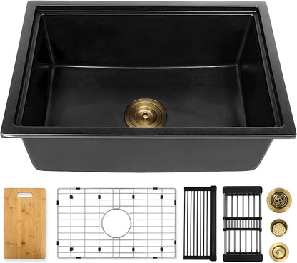 Black Undermount Kitchen Sink 25 Inch - Drop In Granite Quartz Composite Workstation Sink - Deep Single Bowl,Dual Mount,with Accessories（Black, 25.59" X 17.72")
