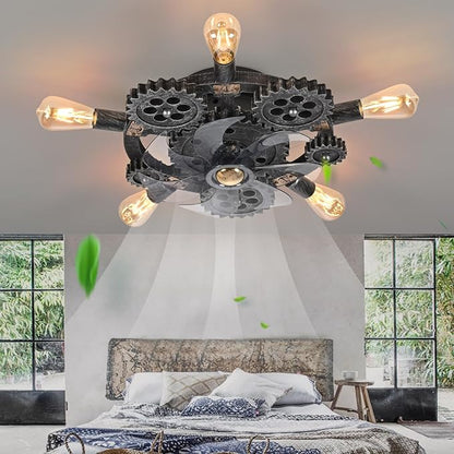 20" Retro Industrial Steampunk Ceiling Fans with Lights and Remote,Low Profile Flush Mount Bladeless Ceiling Fan with Light,Nautical Style 6 Speeds for Bedroom Kitchen Island Bar Cafe