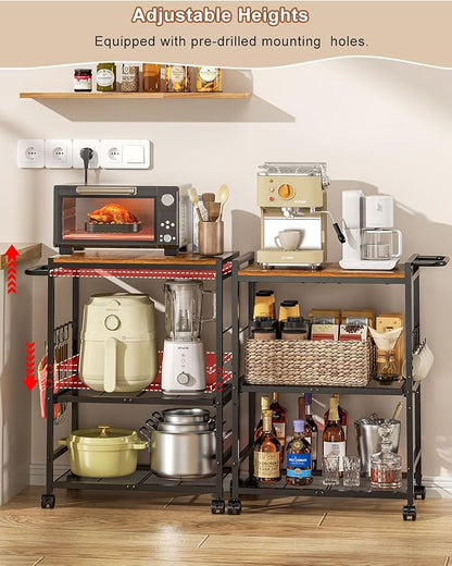 Feyejade Microwave Cart with Adjustable Shelves 3-Tier, Rolling Kitchen Cart with Push Handle, Microwave Stand with Storage, Small Utility Cart with Drawer Slider Shelf for Kitchen, Living Room