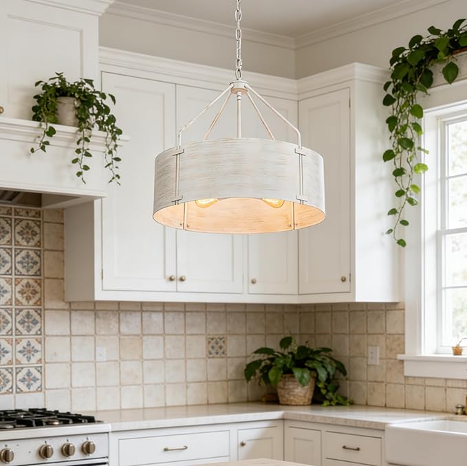 Drum Chandeliers for Dining Room,22" Distressed White Metal Dining Room Light Fixture Over Table, Industrial Vintage Rustic French Pendant Light for Kitchen,Entryway,Living Room