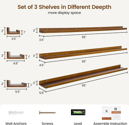 FLYJOE Picture Ledge Wall Shelves - Set of 3, 56 inches Width, Solid Pine Wood Rustic Floating Ledge Shelves for Kids' Room, Bedroom, Kitchen, Bathroom, Walnut