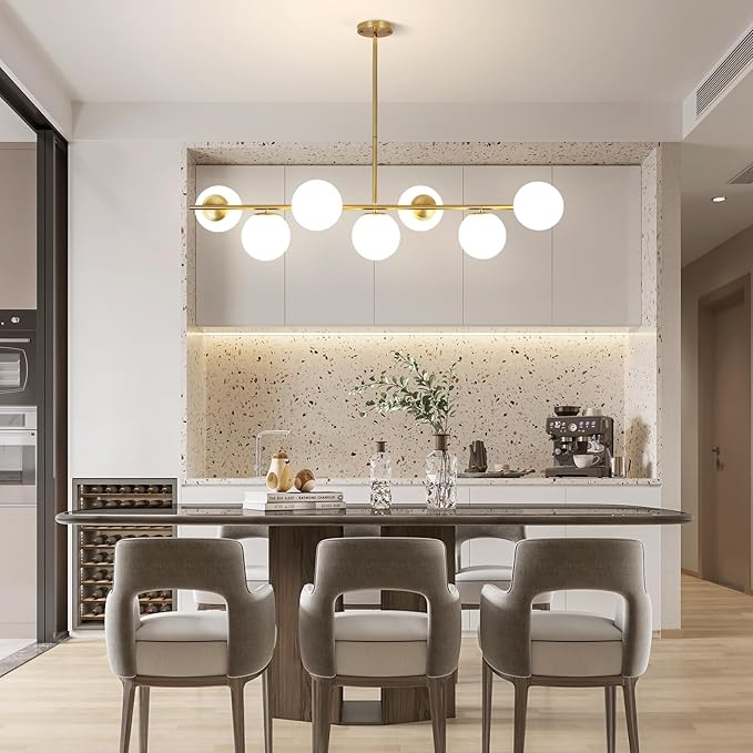 KELUOLY Linear Chandelier for Dining Room, 7-Light Gold Mid Century Pendant Light, 45" Modern Sputnik Kitchen Light Fixture Brushed Brass Finish with White Glass Lampshade for Office, Cafe, bar