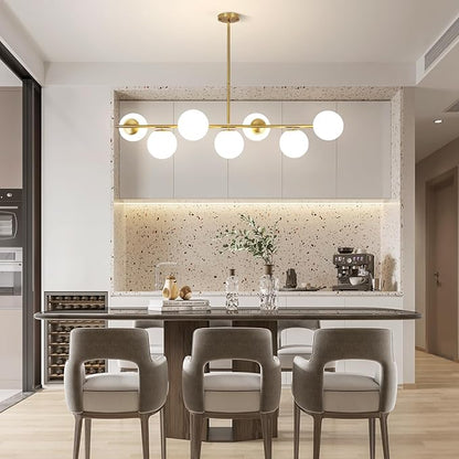 KELUOLY Linear Chandelier for Dining Room, 7-Light Gold Mid Century Pendant Light, 45" Modern Sputnik Kitchen Light Fixture Brushed Brass Finish with White Glass Lampshade for Office, Cafe, bar
