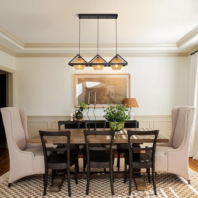 3-Lights Boho Chandelier,Dining Room Light Fixtures Over Table with Handwoven Shade, Rustic Pendant Lights for Kitchen Island,Adjustable Height Hanging Light