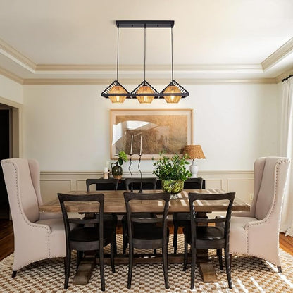 3-Lights Boho Chandelier,Dining Room Light Fixtures Over Table with Handwoven Shade, Rustic Pendant Lights for Kitchen Island,Adjustable Height Hanging Light
