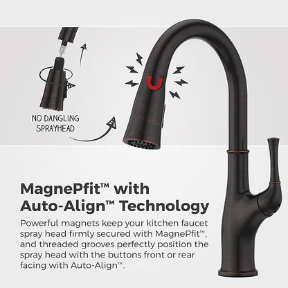 Pfister Alderwood Kitchen Faucet with Pull Down Sprayer and Soap Dispenser, Single Handle, NSF Certified, Tuscan Bronze Finish, F5297AWY