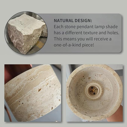 Japanese Wabi sabi Pendant Light with Natural Stone Shade, Dimmable Modern Wood Hanging Lamp Fixture, Adjustable Height Pendant Lamp for Bedroom, Kitchen Island, Dining Room, Restaurant, Cafe, Bar (A)