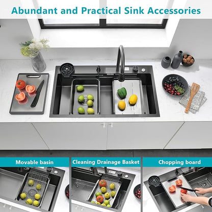 Waterfall Kitchen Sink 30" x 20" Drop-in Single Bowl Sinks, SUS304 Workstation Handmade Undermount Sink With Pull-out Faucet, Cup Washer & Accessories (Black, 30" x 20")