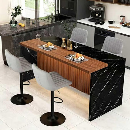 63" Modern Kitchen Island with Marble-Look Surface with 2/4 Bar Stools, Island Table with LED Lights, for Kitchen,Dining Room, Bar, Office, Living Room (Black+4Grey)