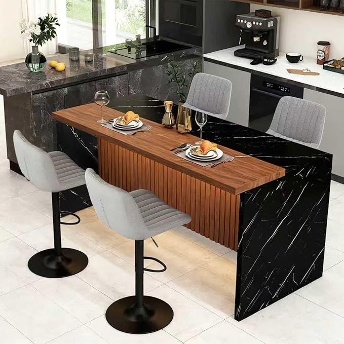 63-inch Modern American Kitchen Island Set with 4 Gray Bar Stools - Black Marble Look MDF Surface,3-Color Dimmable LED Lighting，Grill Design,Seats 4-6 for Dining Room, Lounge，Walnut+Black