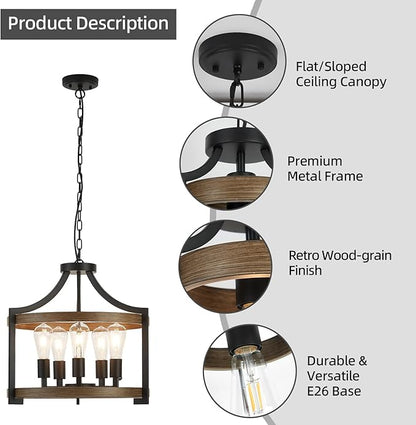 5-Light Farmhouse Chandelier, 20" Black Metal Faux Wood Pendant Light Fixtures, Hanging or Semi Flush Mount Rustic Chandelier for Dining Room, Foyer, Living Room, Kitchen