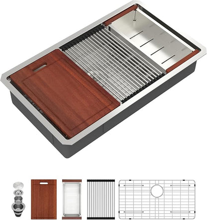Sarlai ADA Undermount Kitchen Sink, 32 Inch Undermount Workstation Kitchen Sink 6-Inch Low Depth ADA Compliant Single Bowl 16 Gauge Stainless Steel 32x19 Inch Under Mount Handmade Sinks Basin